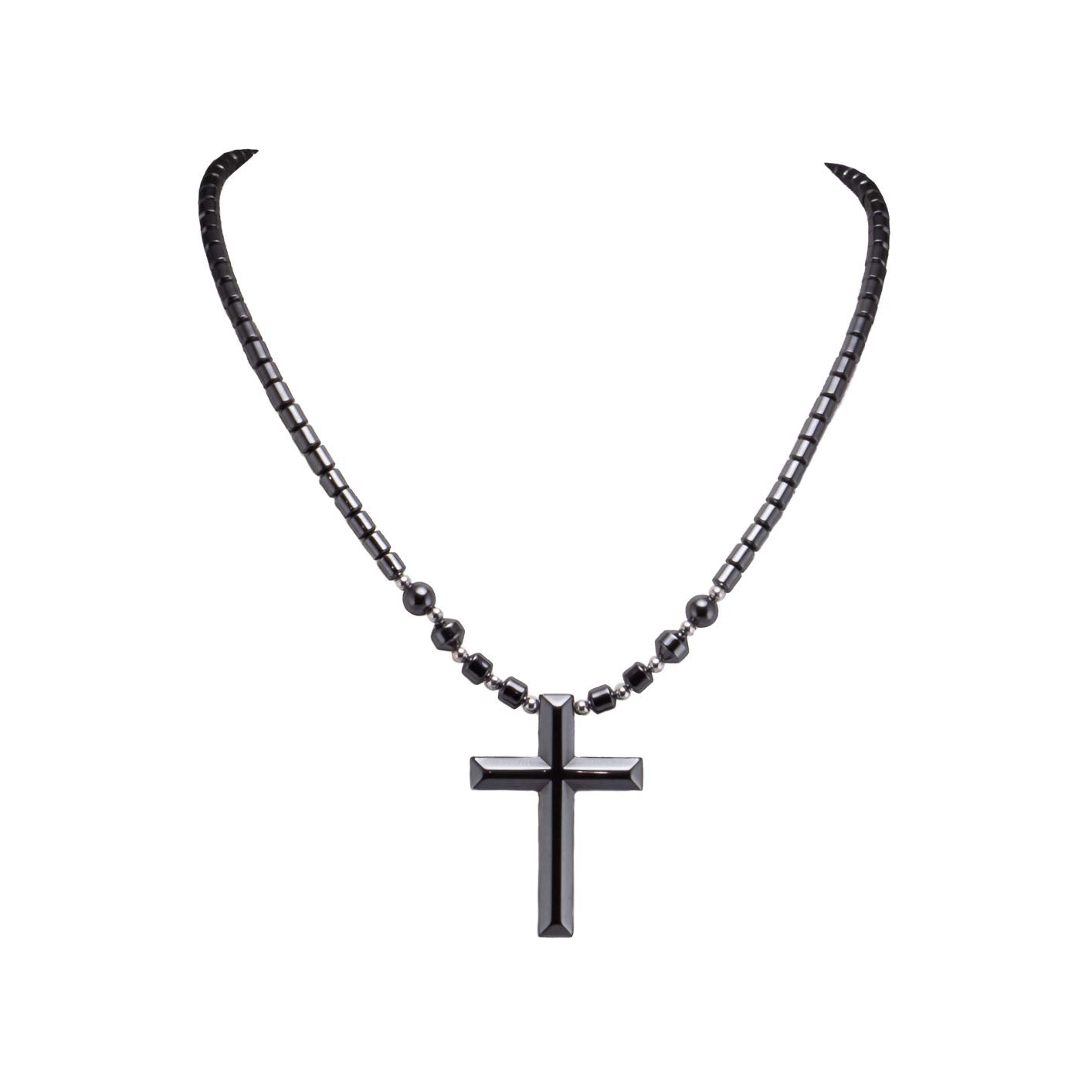 Large Hematite Cross Pendant on Hematite Beads Necklace