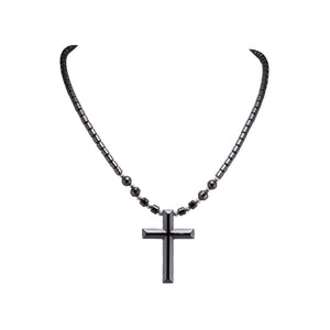 Large Hematite Cross Pendant on Hematite Beads Necklace