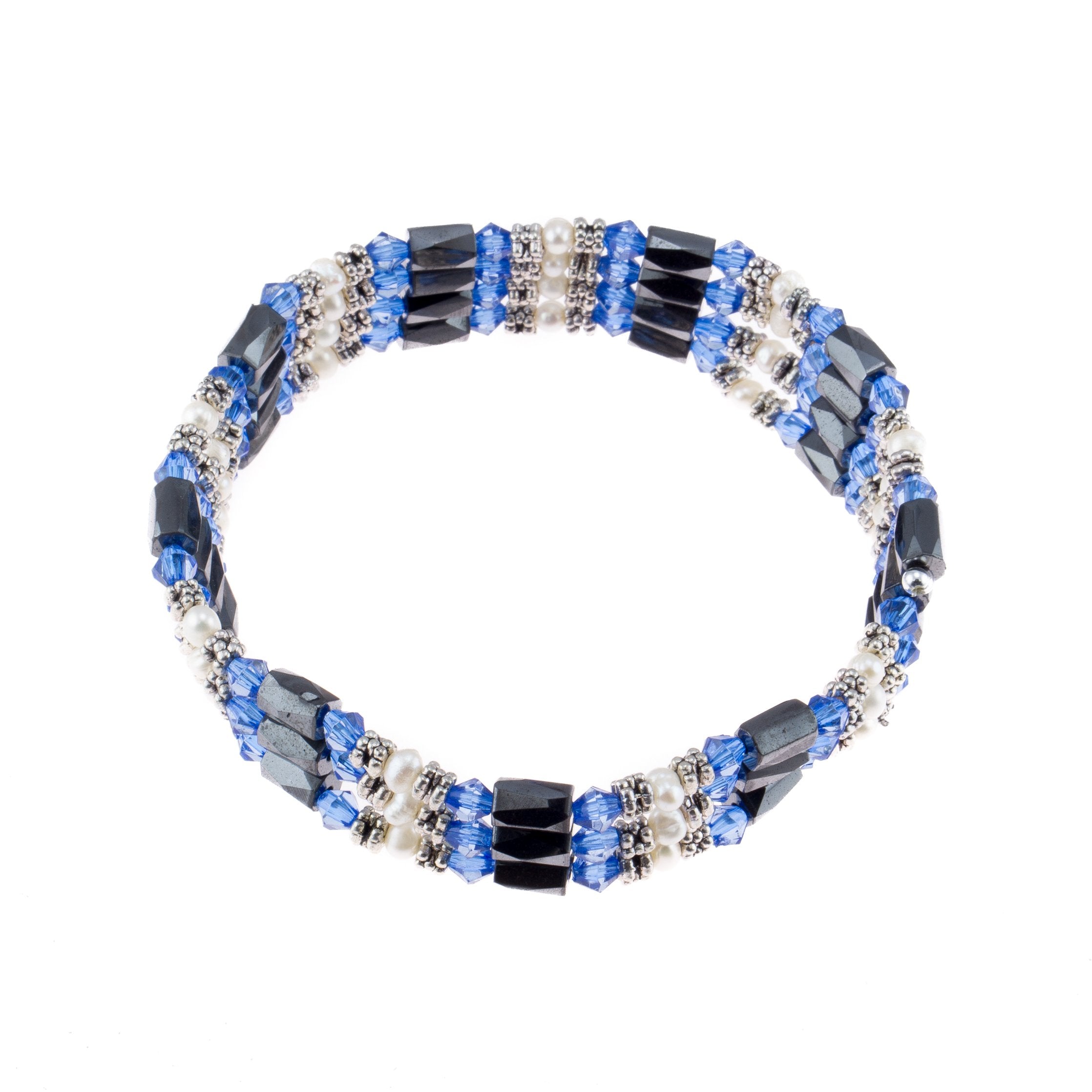 Magnetic Hematite Beaded Wrap Bracelet, Anklet or Necklace with Genuine Fresh Water Pearls (Blue)