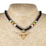 Load image into Gallery viewer, 1&quot;+ Shark Tooth Pendant on Black Coconut Beads and Rasta Puka Shell Beads Necklace
