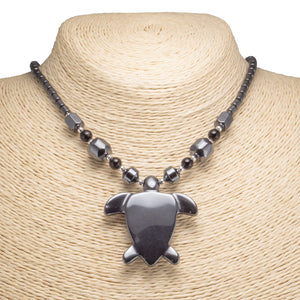Hematite Sea Turtle Pendant on Hematite Beads Necklace
