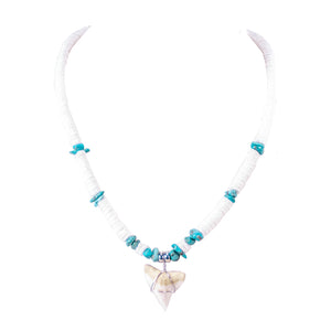 Mako Shark Tooth Pendant on Puka Shell and Turquoise Stone Chips Necklace