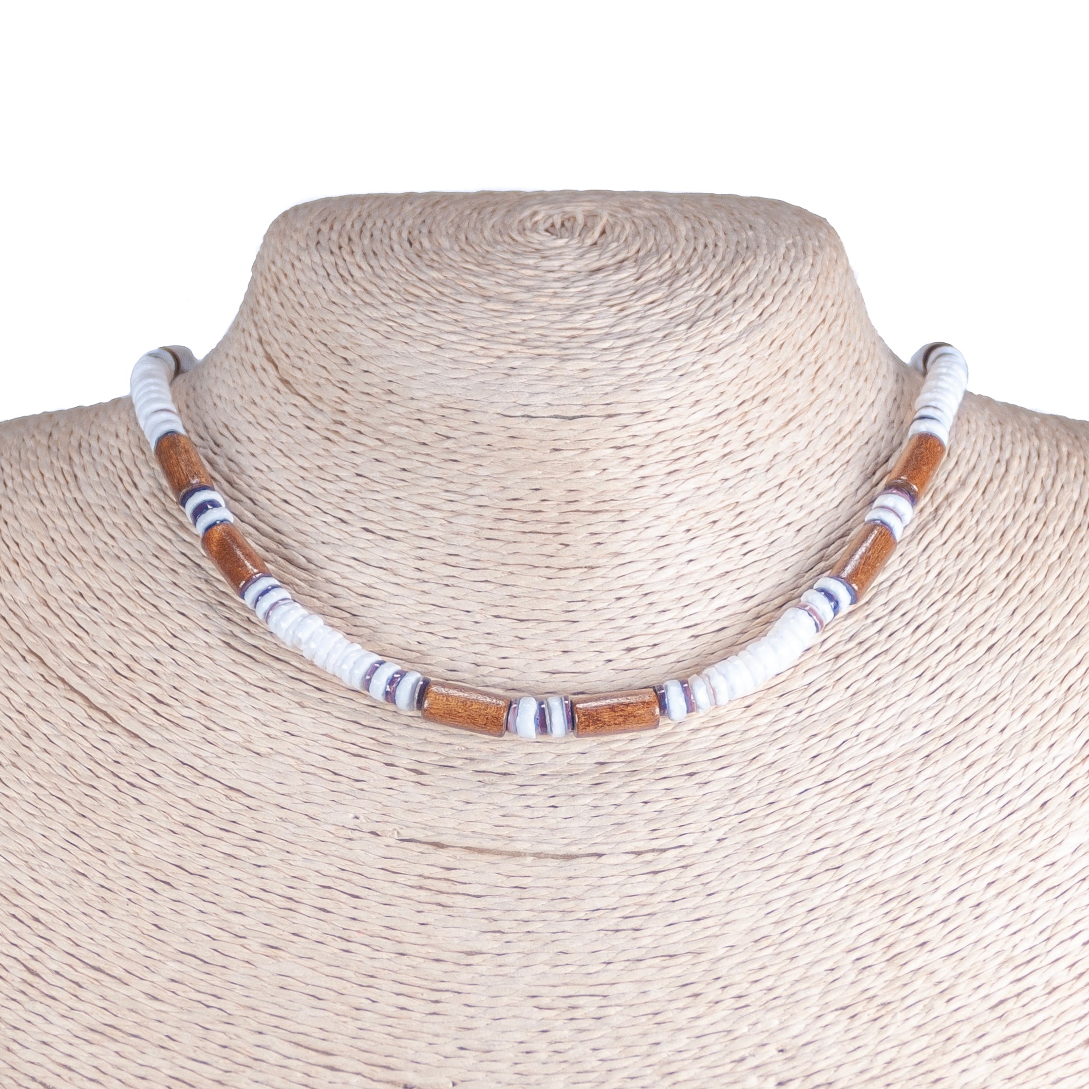 Puka Clam Shells Beaded Necklace with Wood Tubes & Violet Oyster Shell Beads