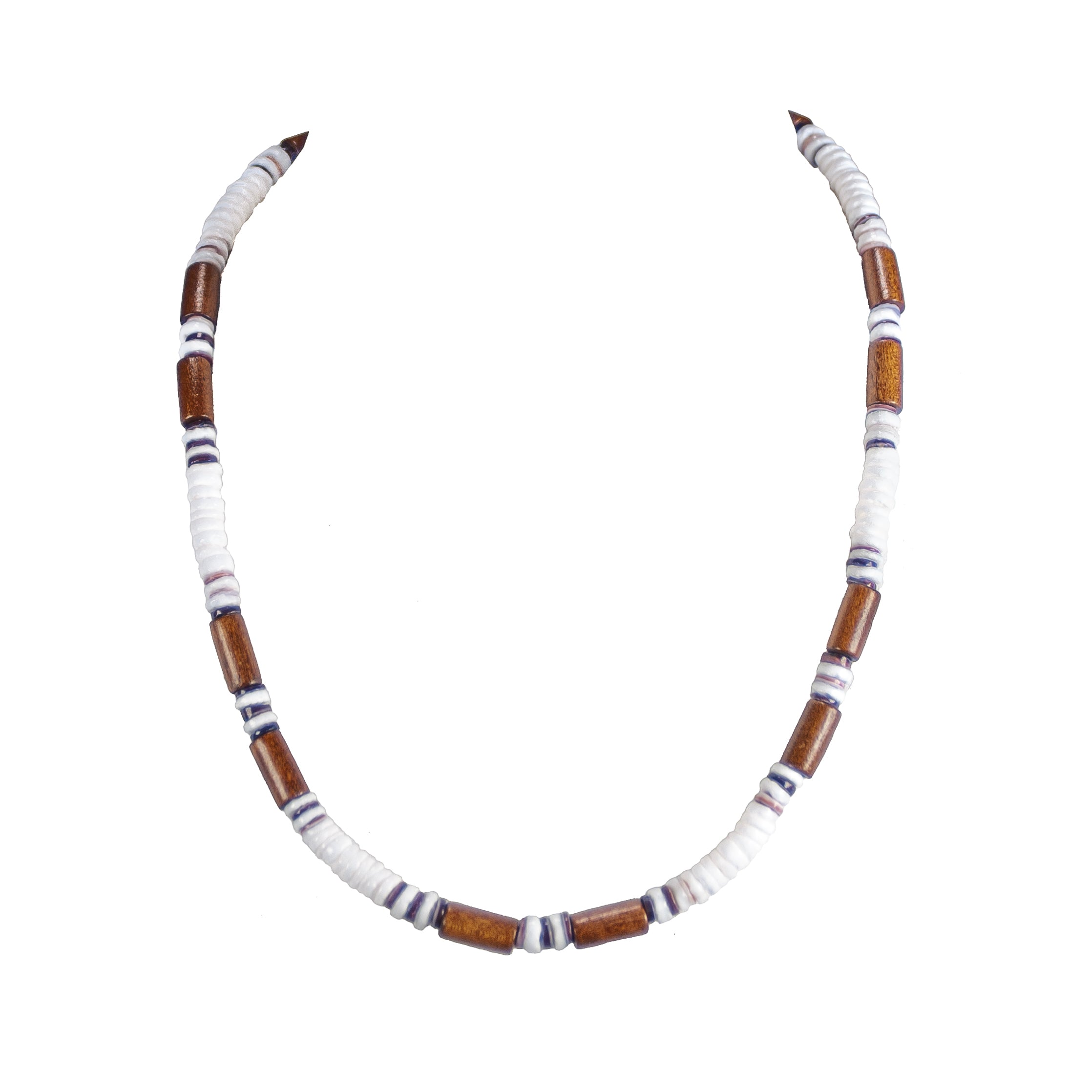 Puka Clam Shells Beaded Necklace with Wood Tubes & Violet Oyster Shell Beads