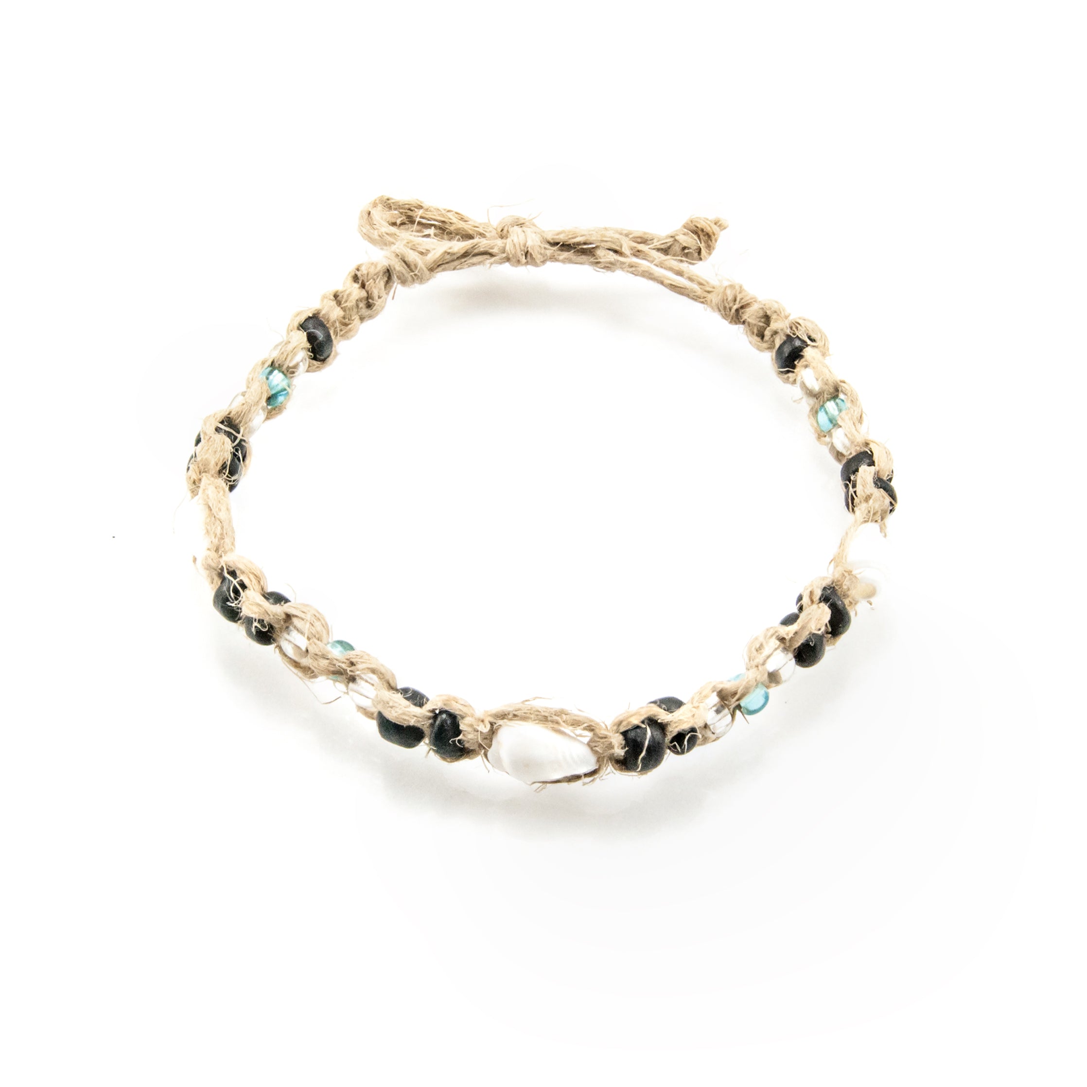 Nassa Shells, Black Coconut and Blue Beads on Hemp Anklet Bracelet