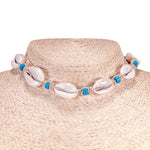 Load image into Gallery viewer, Hemp Choker Necklace with Cowrie Shells and Light Blue Fimo Beads
