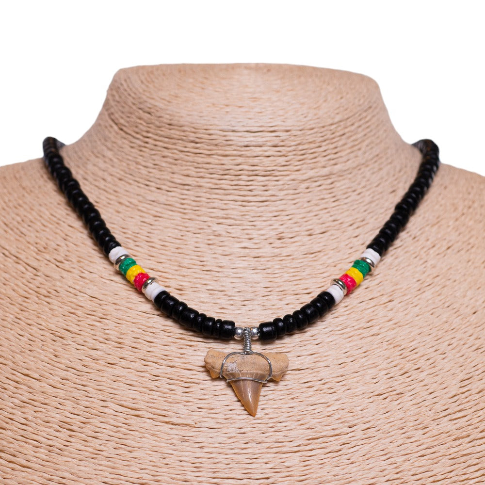 Fossil Shark Tooth on Black Coconut & Rasta Shell Beads Necklace (18" 2S)