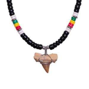 Fossil Shark Tooth on Rasta Beads Necklace (18" 2S)