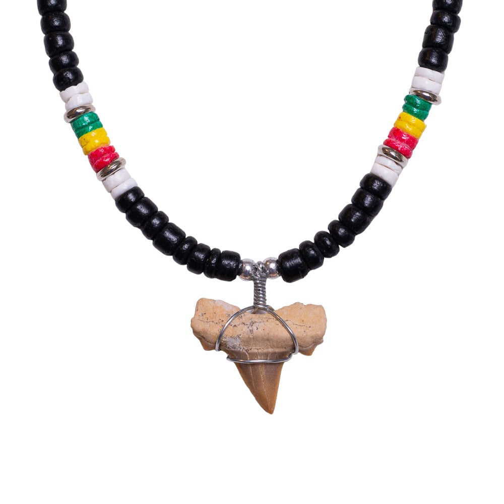 Fossil Shark Tooth on Black Coconut & Rasta Shell Beads Necklace (18" 2S)