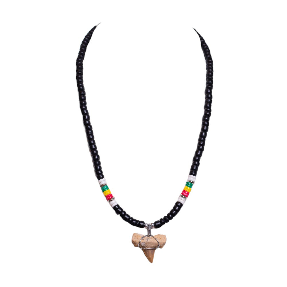 Fossil Shark Tooth on Black Coconut & Rasta Shell Beads Necklace (18" 2S)