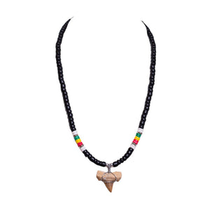 Fossil Shark Tooth on Black Coconut & Rasta Shell Beads Necklace (18" 2S)