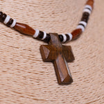 Load image into Gallery viewer, Wood Cross Pendant on Brown Coconut and Puka Shell Beads Necklace
