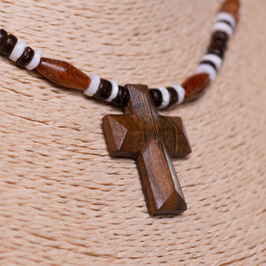 Wood Cross Pendant on Brown Coconut and Puka Shell Beads Necklace