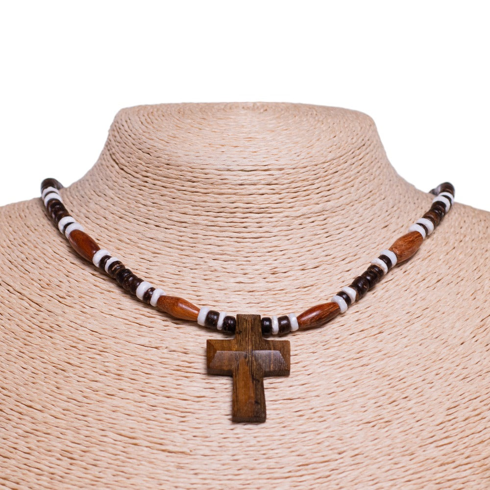 Wood Cross Pendant on Brown Coconut and Puka Shell Beads Necklace