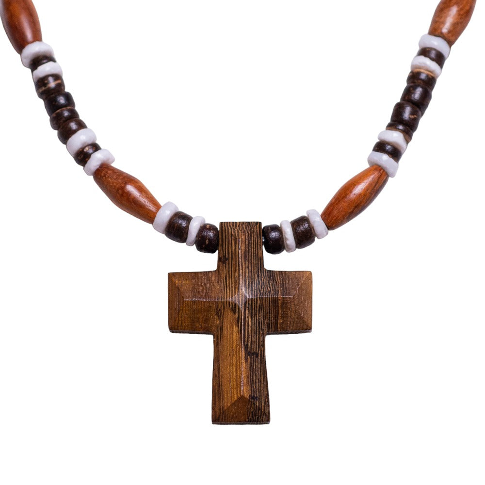 Wood Cross Pendant on Brown Coconut and Puka Shell Beads Necklace