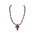 Wood Cross Pendant on Brown Coconut and Puka Shell Beads Necklace