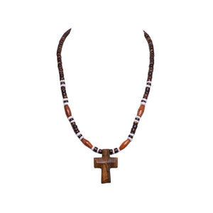 Wood Cross Pendant on Brown Coconut and Puka Shell Beads Necklace