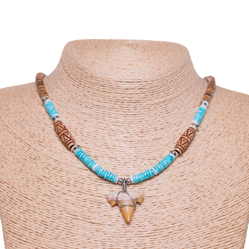 Fossil Shark Tooth on Tiger Brown Coconut & Blue Shells Necklace (18" 2S)