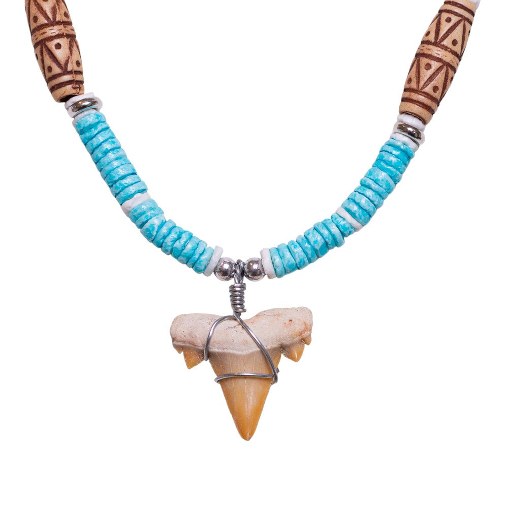 Fossil Shark Tooth on Tiger Brown Coconut & Blue Shells Necklace (18" 2S)