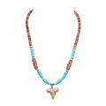 Fossil Shark Tooth on Tiger Brown Coconut & Blue Shells Necklace (18" 2S)