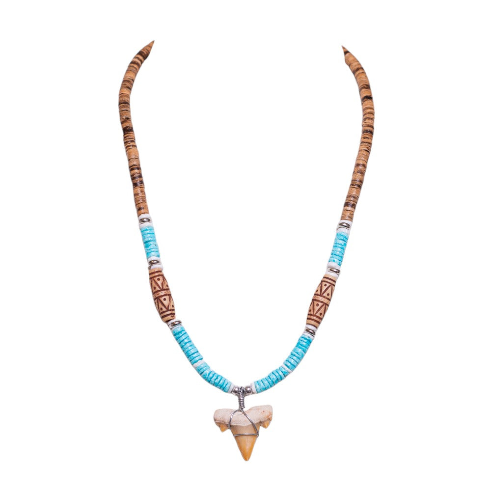 Fossil Shark Tooth on Tiger Brown Coconut & Blue Shells Necklace (18" 2S)