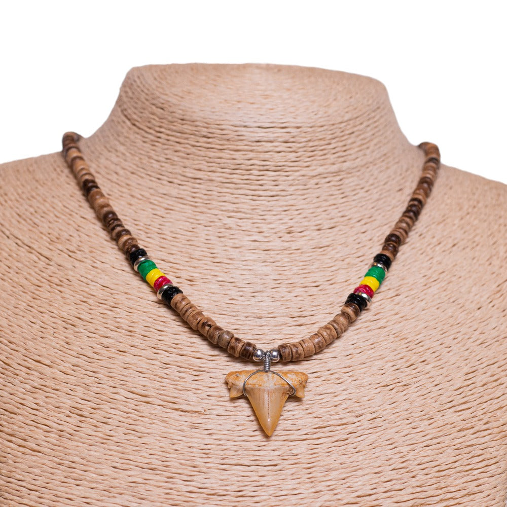 Fossil Shark Tooth on Tiger Coconut & Rasta Puka Shell Beads Necklace (18" 2S)