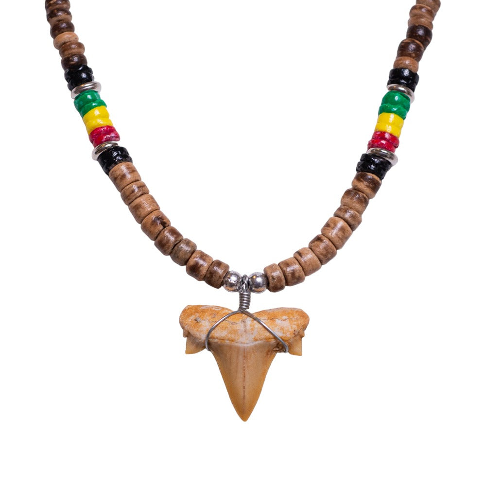 Fossil Shark Tooth on Tiger Coconut & Rasta Puka Shell Beads Necklace (18" 2S)