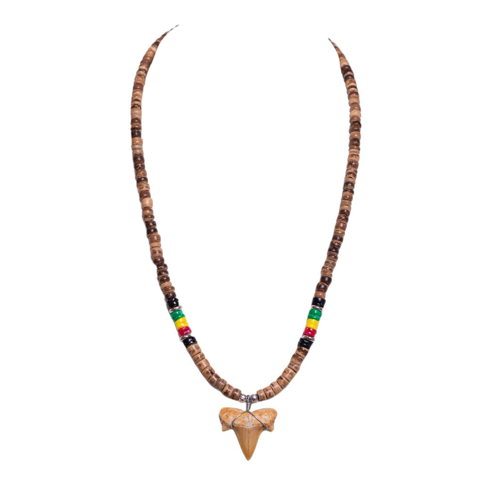 Fossil Shark Tooth on Tiger Coconut & Rasta Puka Shell Beads Necklace (18" 2S)