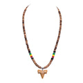 Fossil Shark Tooth on Tiger Coconut & Rasta Puka Shell Beads Necklace (18" 2S)