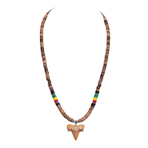 Fossil Shark Tooth on Tiger Coconut & Rasta Puka Shell Beads Necklace (18" 2S)