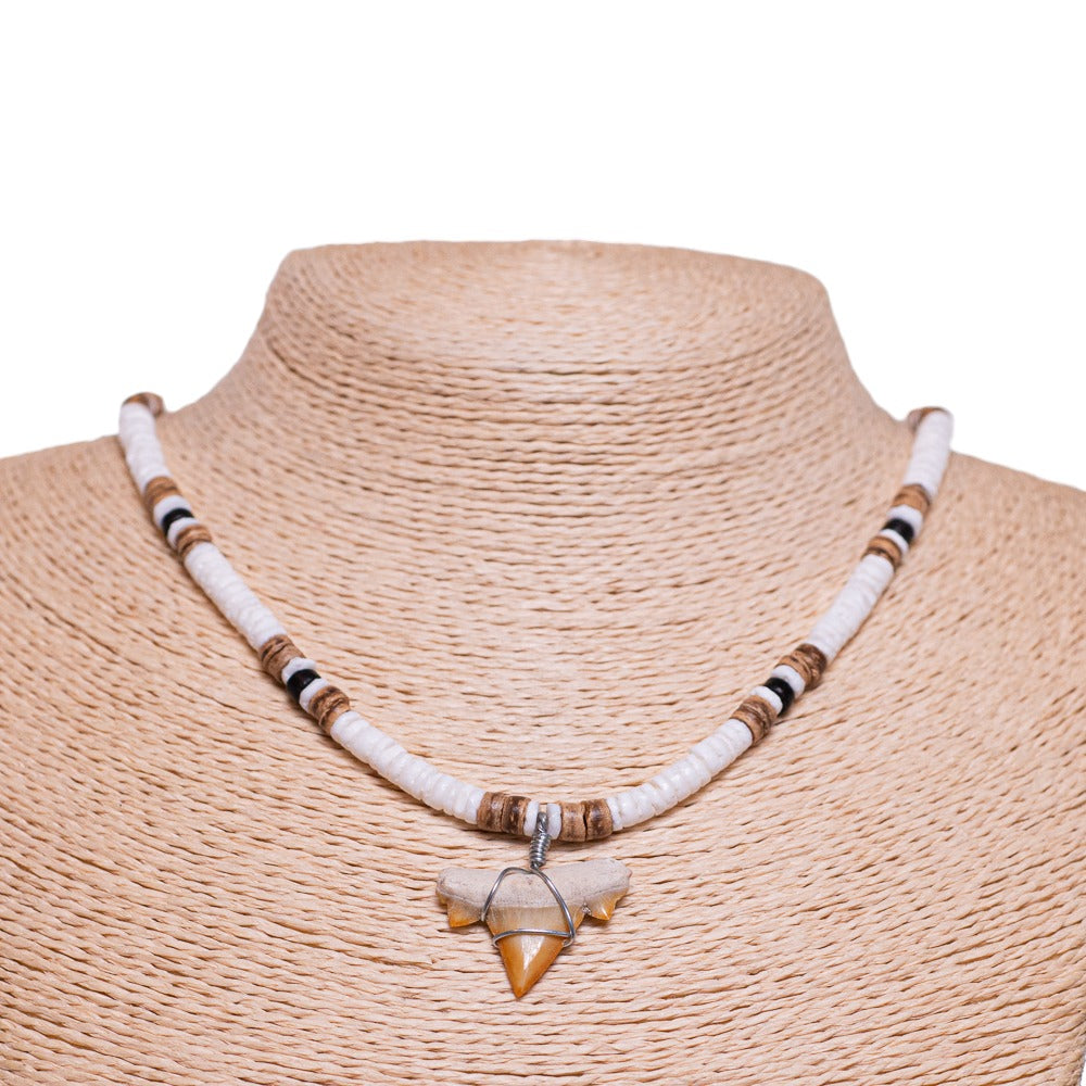 Fossil Shark Tooth on Puka & Coconut Shell Beads Necklace (18" 2S)
