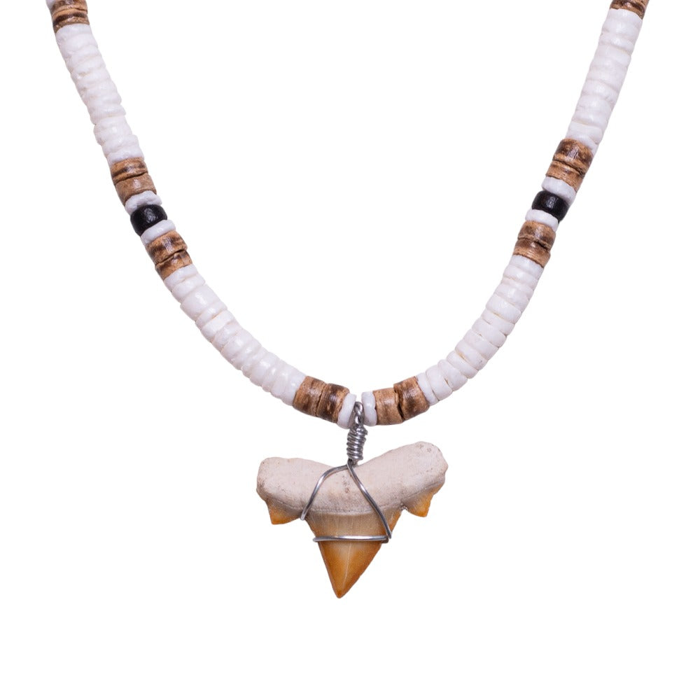 Fossil Shark Tooth on Puka & Coconut Shell Beads Necklace (18" 2S)