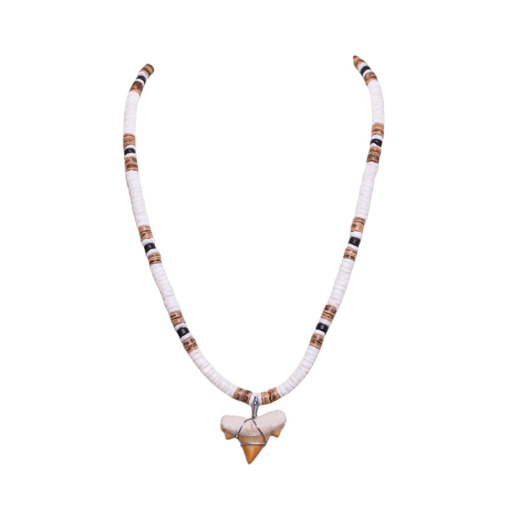 Fossil Shark Tooth on Puka & Coconut Shell Beads Necklace (18" 2S)
