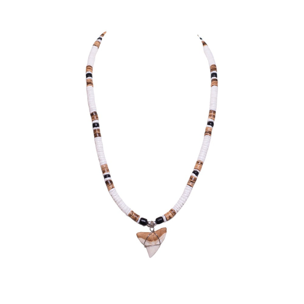 thumbnail image 2 of BlueRica Shark Tooth Necklace - Genuine Fossil Tooth With White & Blue Clam Shell Beads 2 of 12
