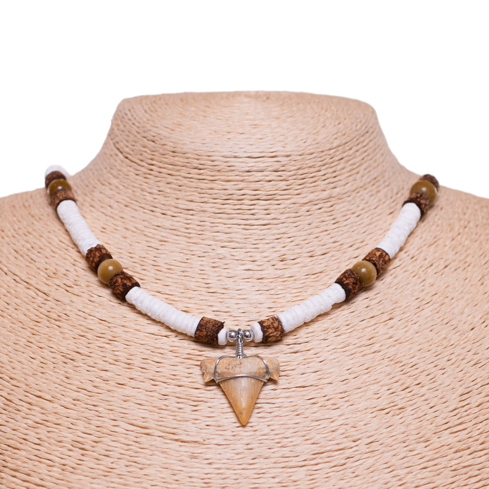 Fossil Shark Tooth on Puka Shells, Cork and Cat's Eye Beads Necklace (18" 2S)