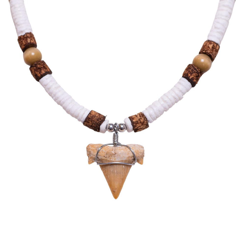 Fossil Shark Tooth on Puka Shells, Cork and Cat's Eye Beads Necklace (18" 2S)