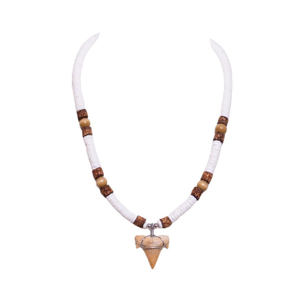 Fossil Shark Tooth on Puka Shells, Cork and Cat's Eye Beads Necklace (18" 2S)