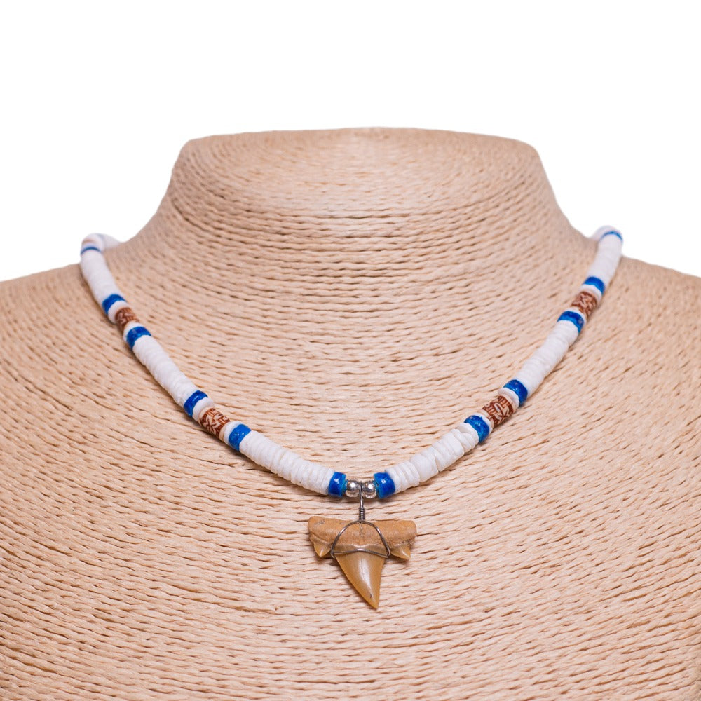 thumbnail image 2 of BlueRica Shark Tooth Necklace - Genuine Fossil Tooth With White & Blue Clam Shell Beads 2 of 12