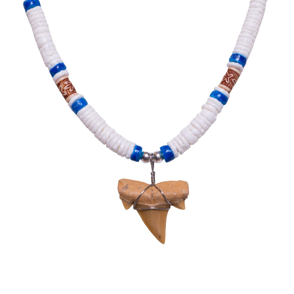 Fossil Shark Tooth on White & Blue Puka Shell Beads Necklace (18" 2S)
