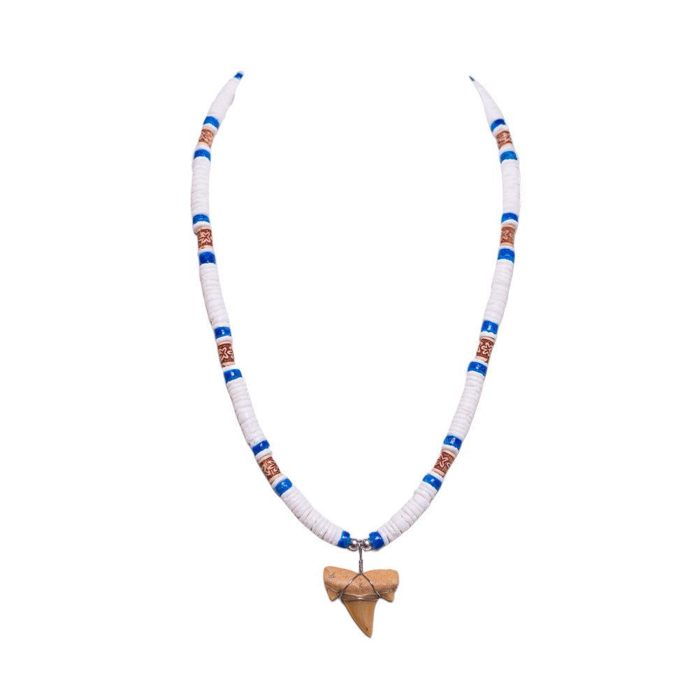 Fossil Shark Tooth on White & Blue Puka Shell Beads Necklace (18" 2S)