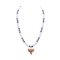 Fossil Shark Tooth on White & Blue Puka Shell Beads Necklace (18" 2S)