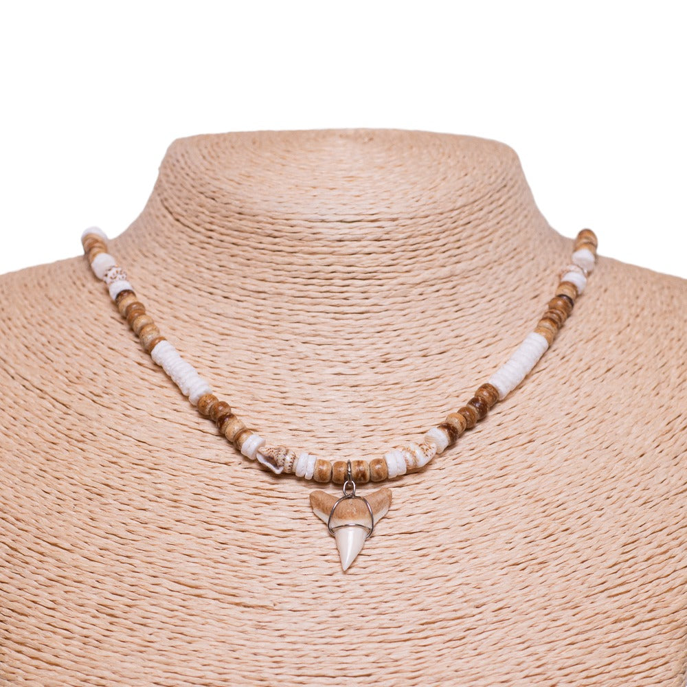 Shark Tooth on Puka Shell Beads Necklace (18" 3L)
