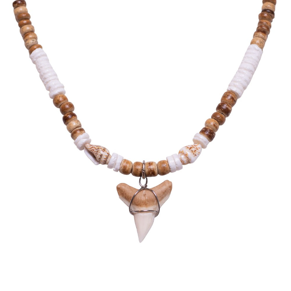 Shark Tooth on Puka Shell Beads Necklace (18" 3L)