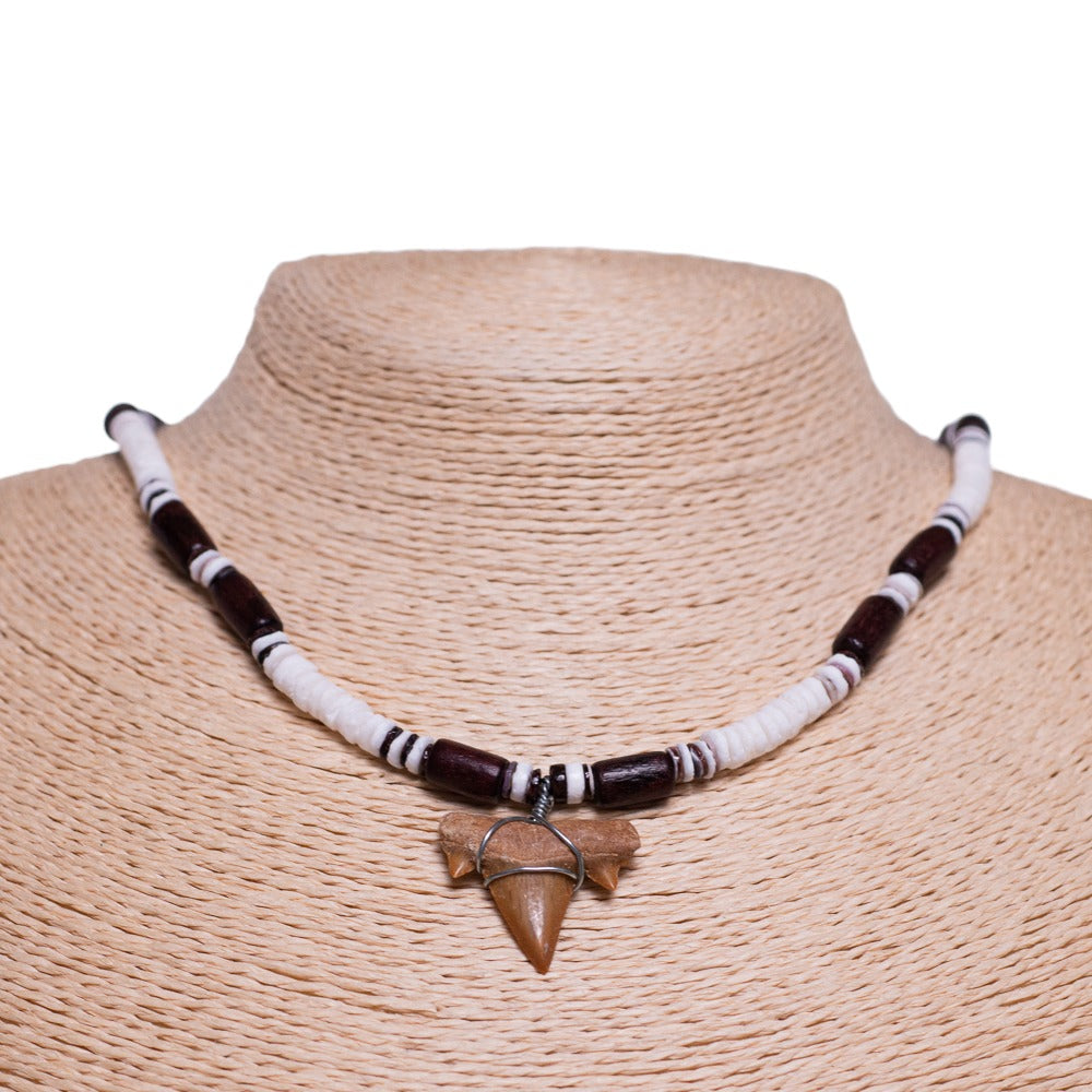 Fossil Shark Tooth on Puka Shell Beads & Wood Tubes Necklace (18" 2S)