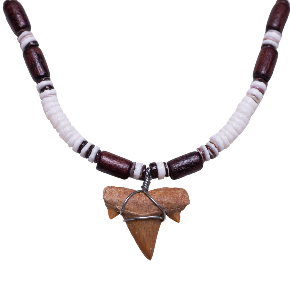 Fossil Shark Tooth on Puka Shell Beads & Wood Tubes Necklace (18" 2S)