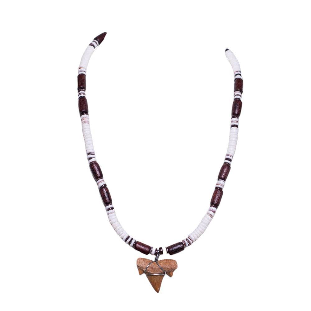 Fossil Shark Tooth on Puka Shell Beads & Wood Tubes Necklace (18" 2S)