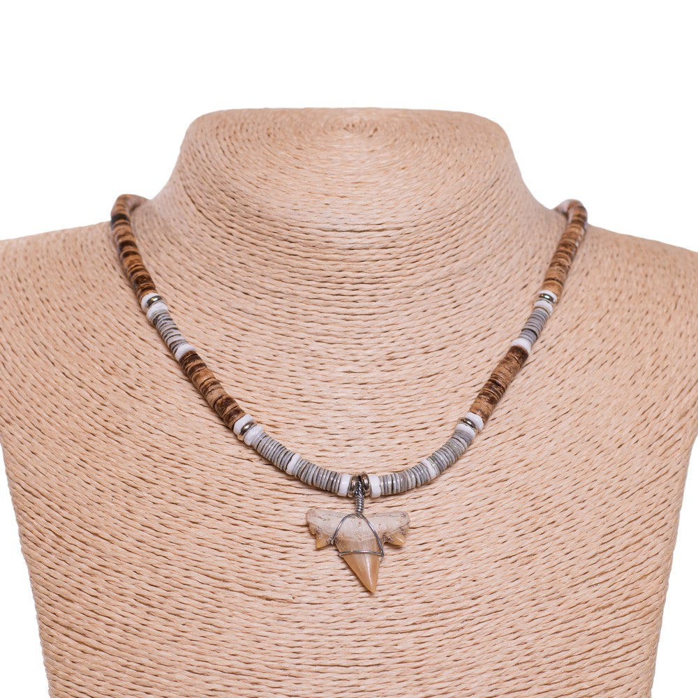 Fossil Shark Tooth on Tiger Brown Coconut & Gray Shell Beads Necklace (18" 2S)
