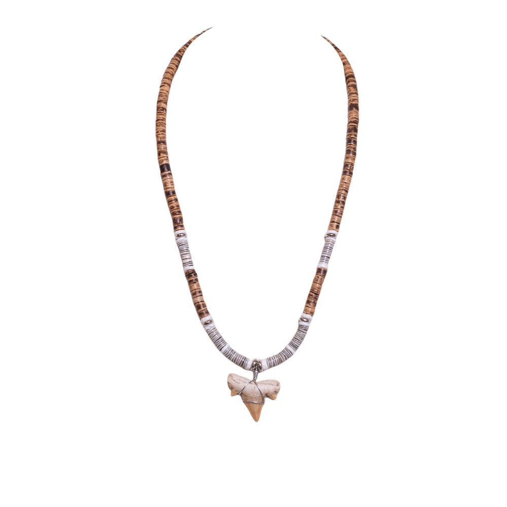 Fossil Shark Tooth on Tiger Brown Coconut & Gray Shell Beads Necklace (18" 2S)