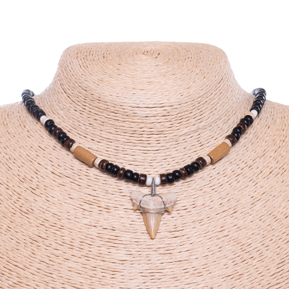 Fossil Shark Tooth on Black Coconut Shell Beads Necklace (18" 2S)