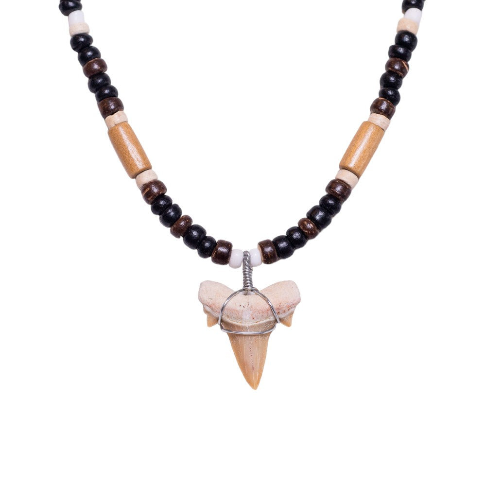 Fossil Shark Tooth on Black Coconut Shell Beads Necklace (18" 2S)